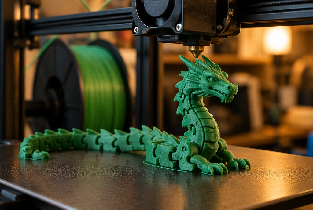 A 3D printer part way through printing an articulated dragon
